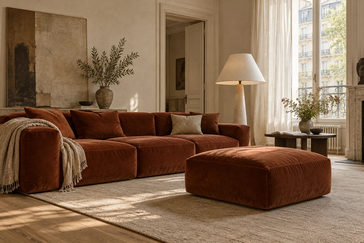 Un canapé terracotta et son pouf dans un salon aux matières naturelles