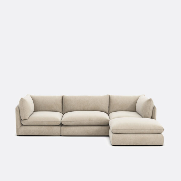 Canapé modulable MALO en polyester chiné avec chauffeuse, deux angles et pouf