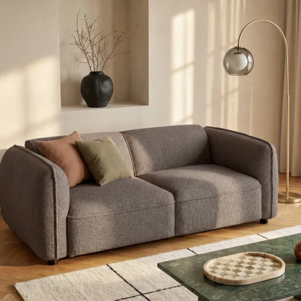 Canapé modulable CAMILIO deux places taupe en tissu chenille, accoudoirs et pieds bas