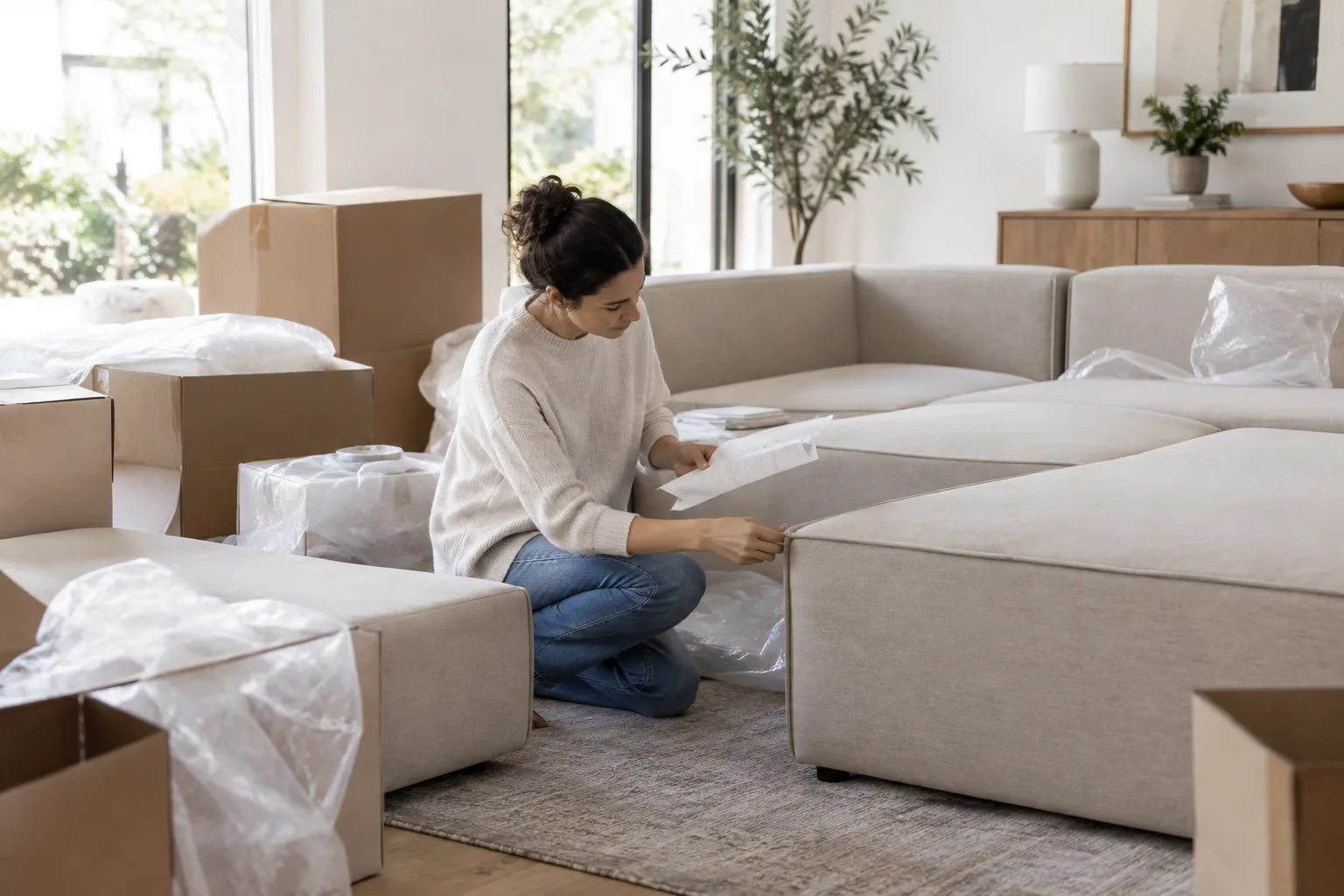 Une personne compare l’étiquette d’un carton à un module de canapé modulable déballé dans un salon.
