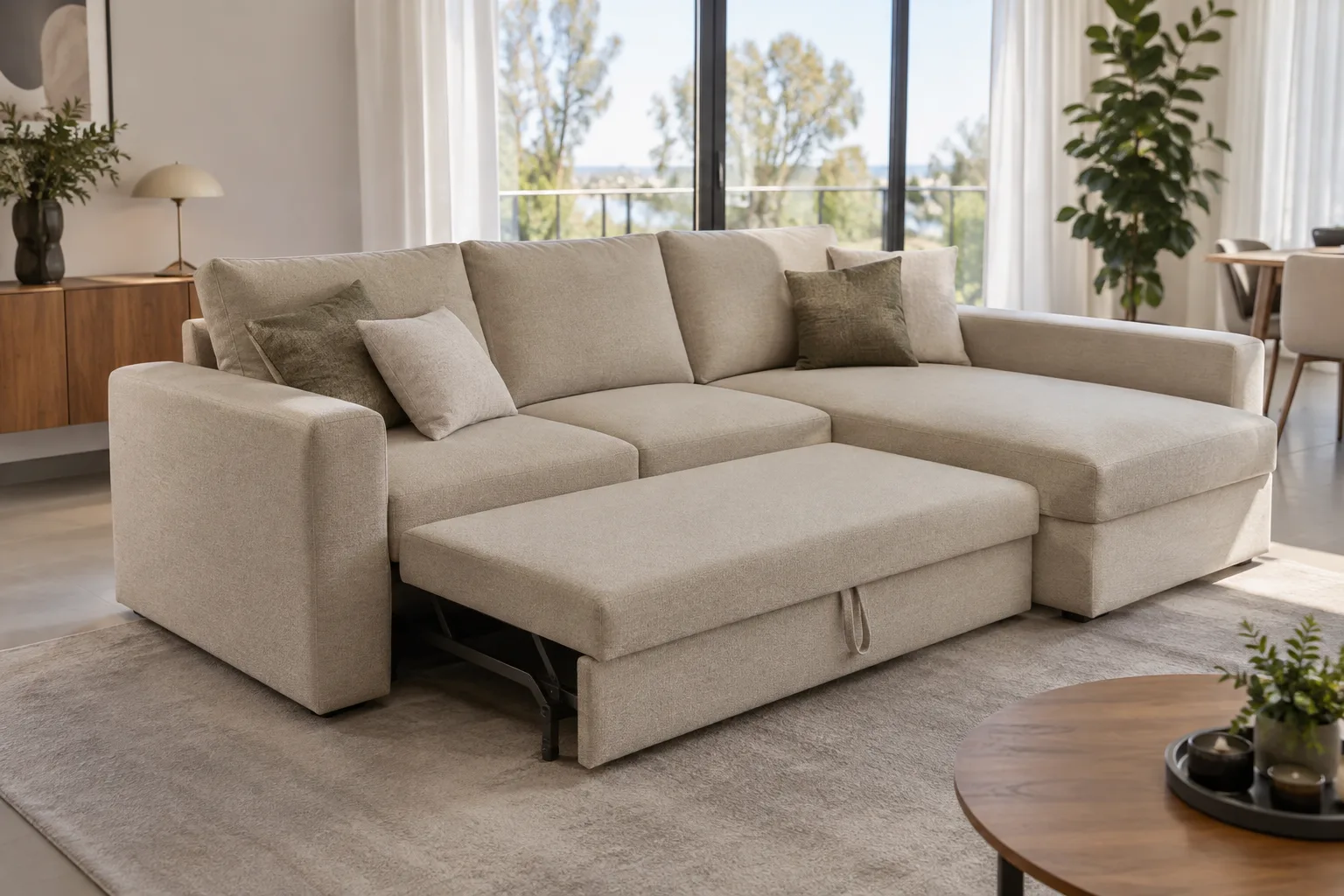 Canapé modulable gris dont une assise coulissante est avancée devant les autres sièges.