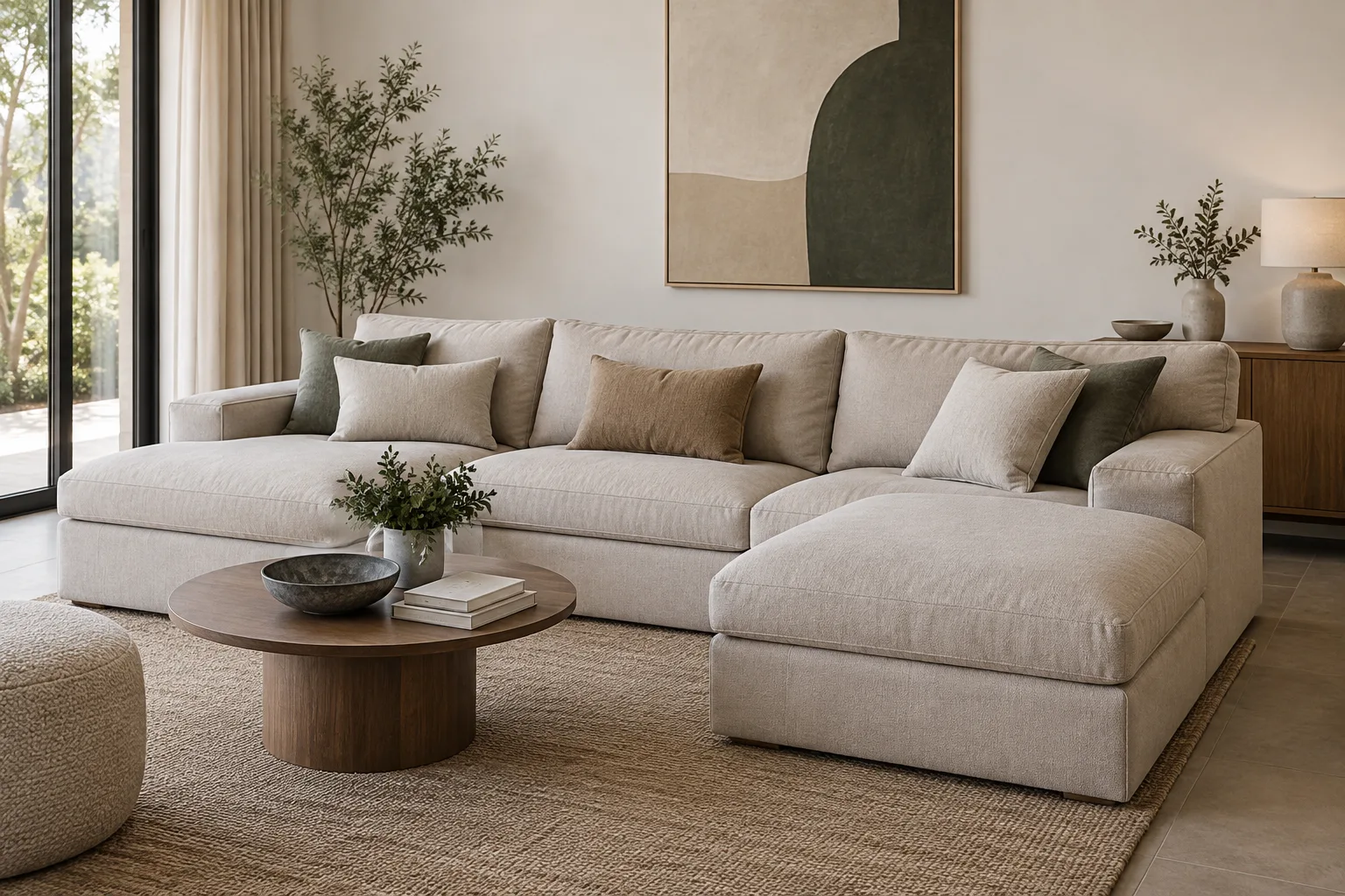 Canapé modulable composé de plusieurs assises aux coussins épais, vu de trois quarts dans un salon lumineux.