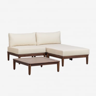 Canapé modulable Giulia en acacia avec table basse, pouf et coussins déhoussables