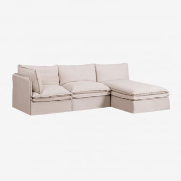 Canapé modulable Grace beige en lin et coton avec chaise longue, trois pièces