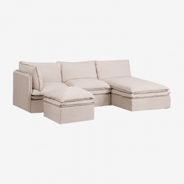 Canapé modulaire Grace beige avec méridienne, trois pièces et pouf en lin-coton