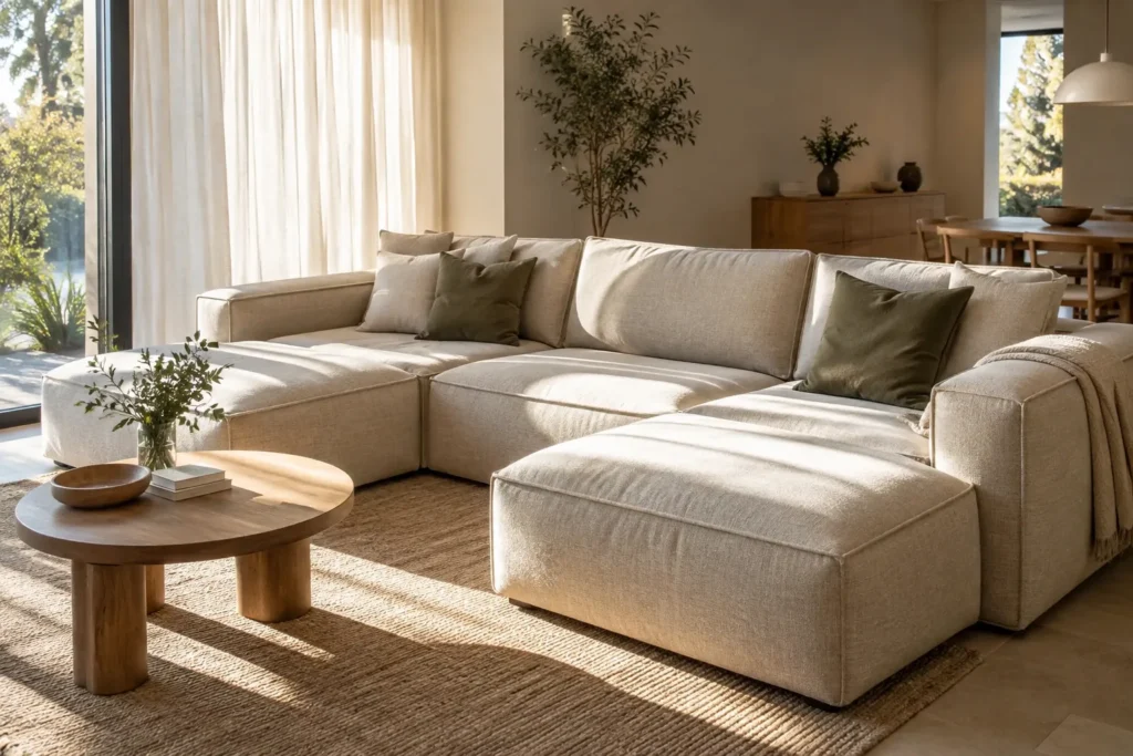 Canapé modulable en tissu placé près d’une fenêtre ensoleillée, avec un voilage sur le côté.