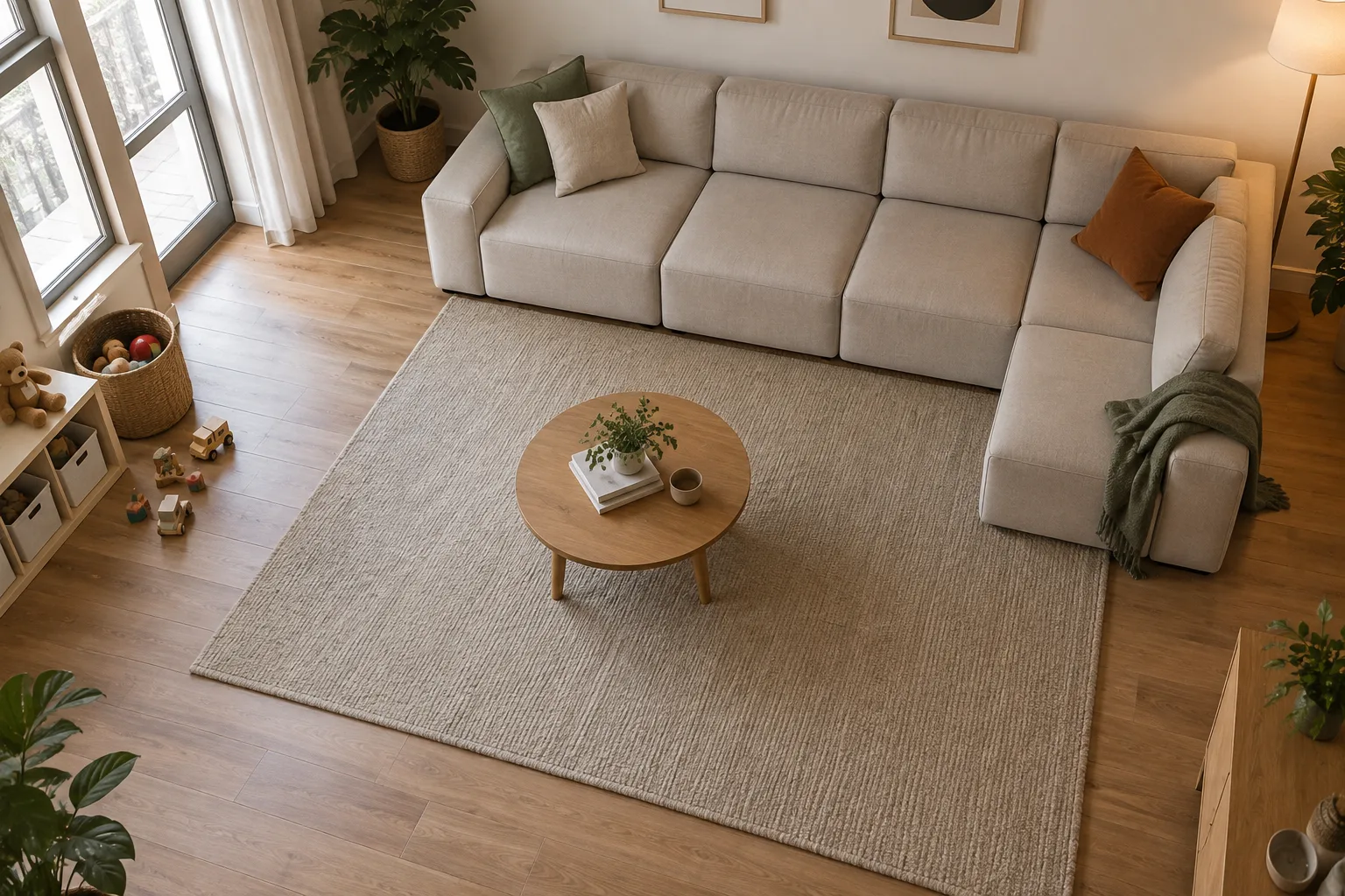 Canapé modulable en L formé de plusieurs modules, avec un passage libre devant les assises.