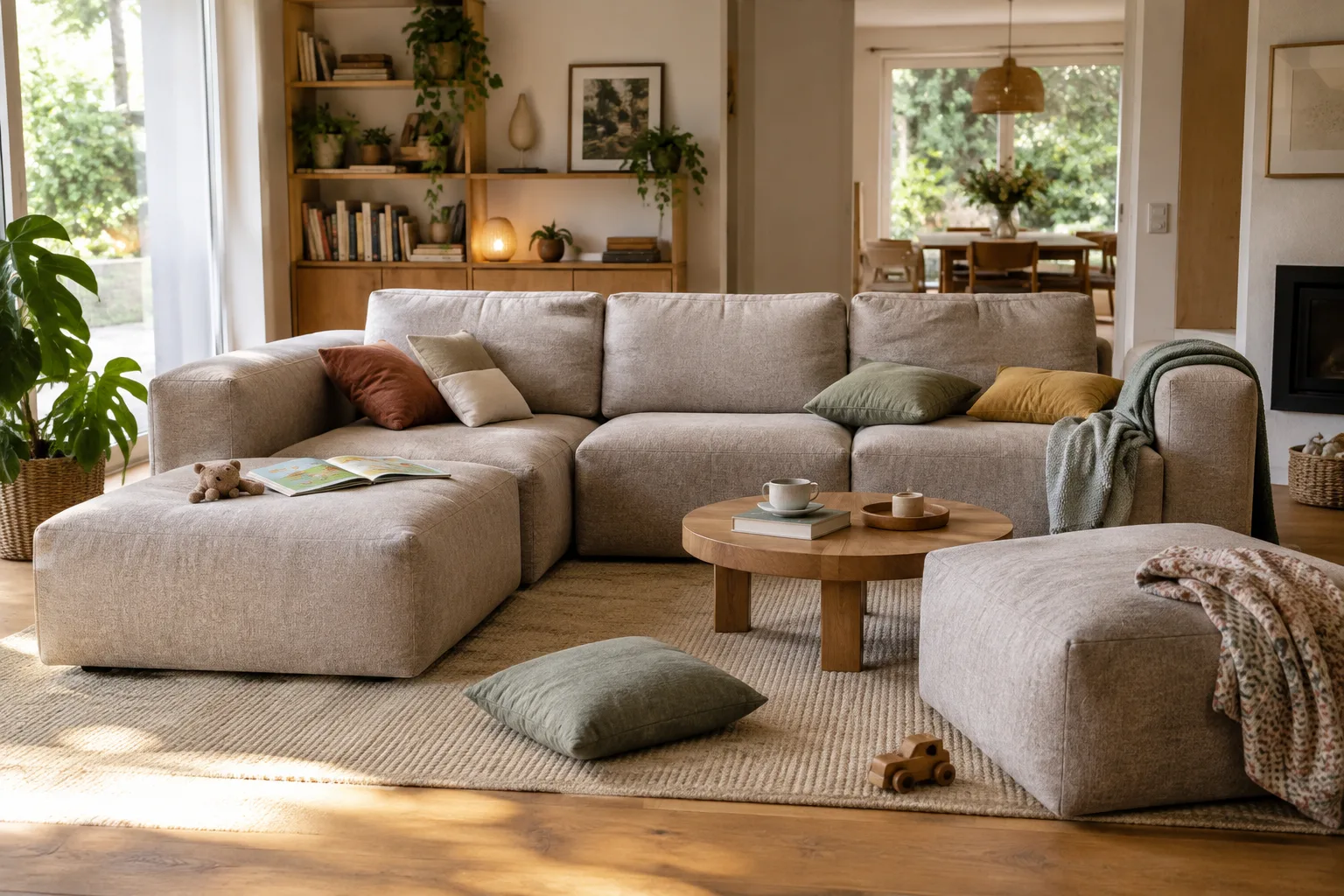 Canapé modulable en tissu composé de plusieurs assises, avec des coussins déplacés dans un salon familial.