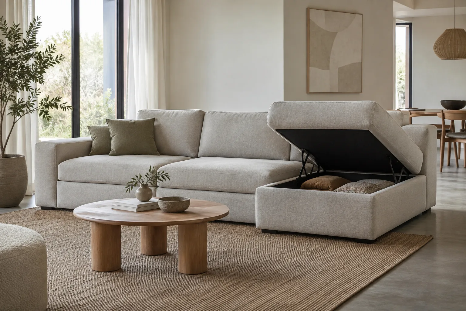 Un module d’assise de canapé modulable est soulevé pour montrer le coffre de rangement intégré.