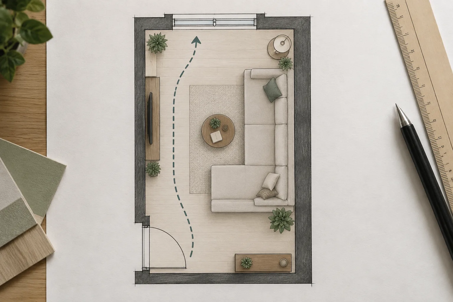 Plan de salon étroit montrant le contour d’un canapé modulable et un trajet dégagé entre la porte et la fenêtre.