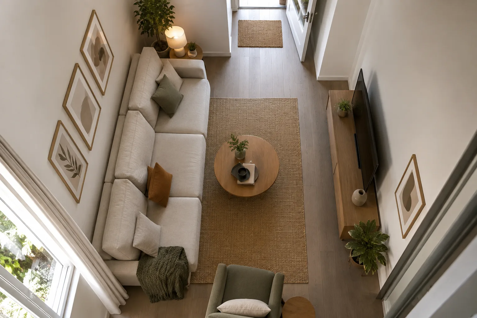 Canapé modulable en ligne contre un mur, avec un passage dégagé vers une porte dans un salon étroit.