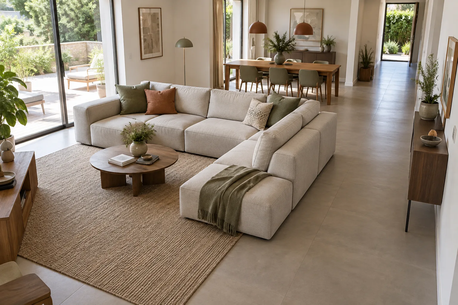 Canapé modulable placé entre une zone de détente et un espace de repas avec un passage latéral dégagé.