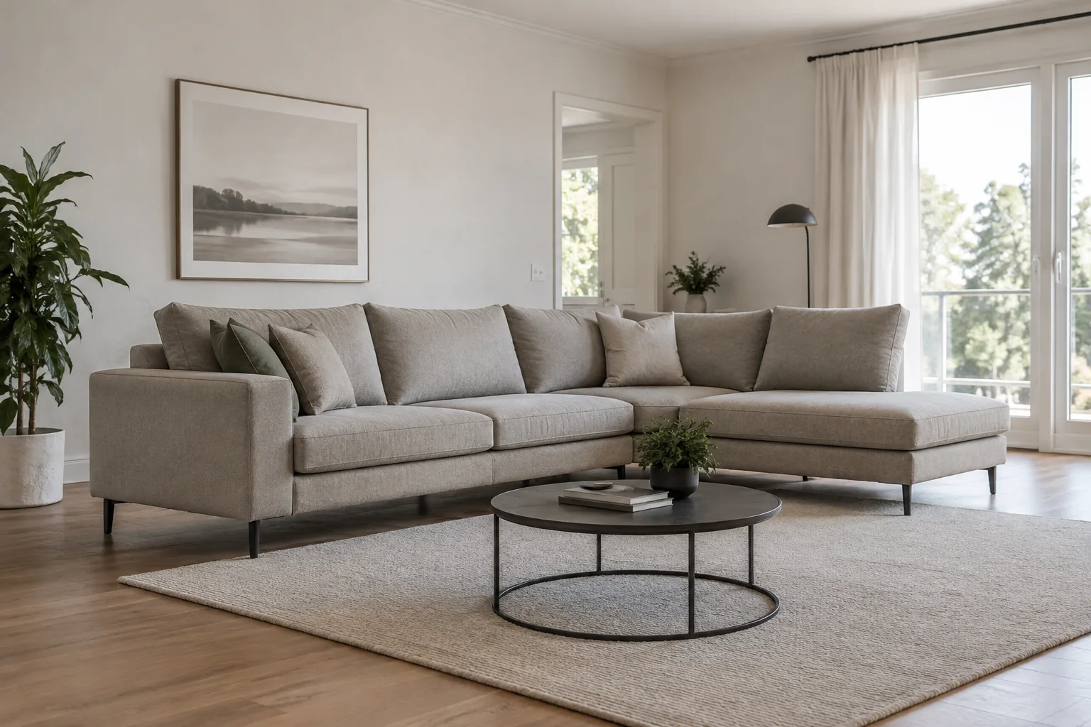 Canapé modulable en tissu sur pieds, placé avec un espace libre entre le dossier et le mur.