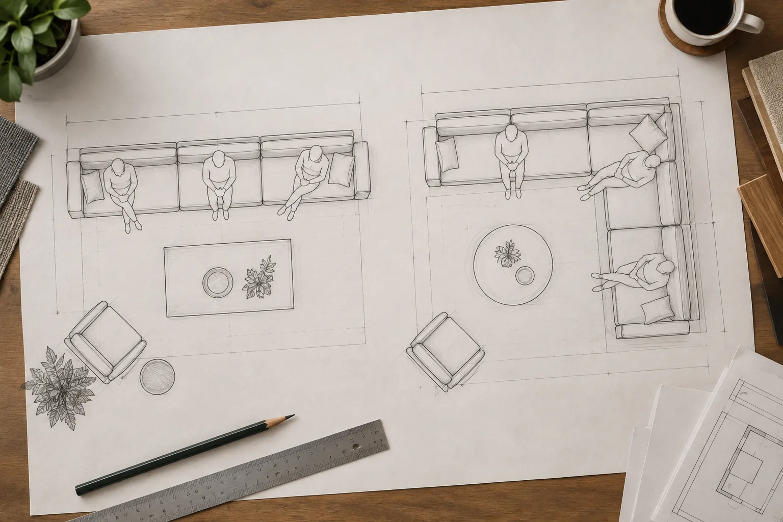 Plan vu de dessus comparant un canapé modulable linéaire et une composition avec module d’angle, avec des silhouettes indiquant les places assises.