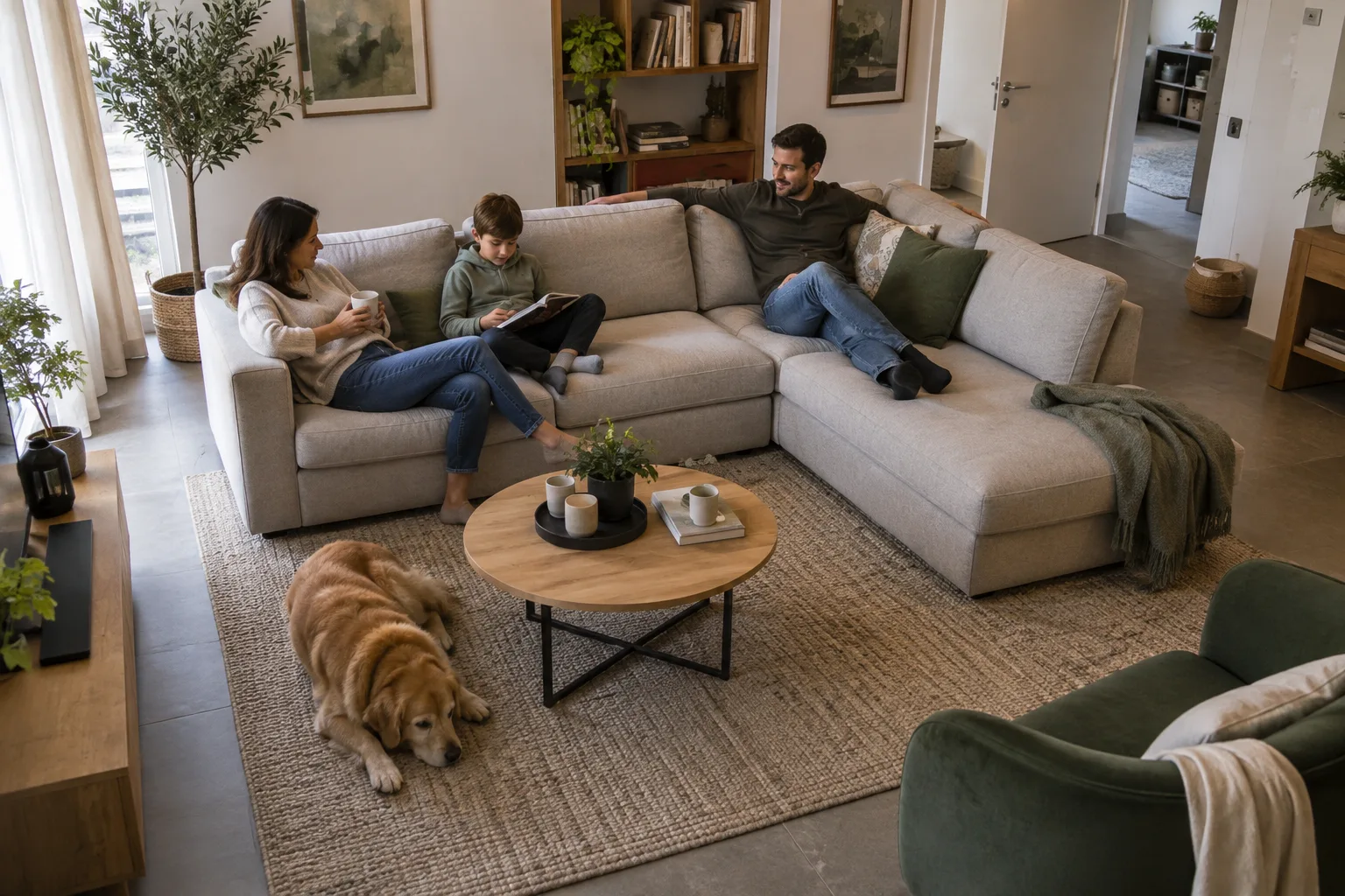Canapé modulable avec assises droites et module d’angle, occupé par plusieurs personnes dans un salon où les passages restent dégagés.