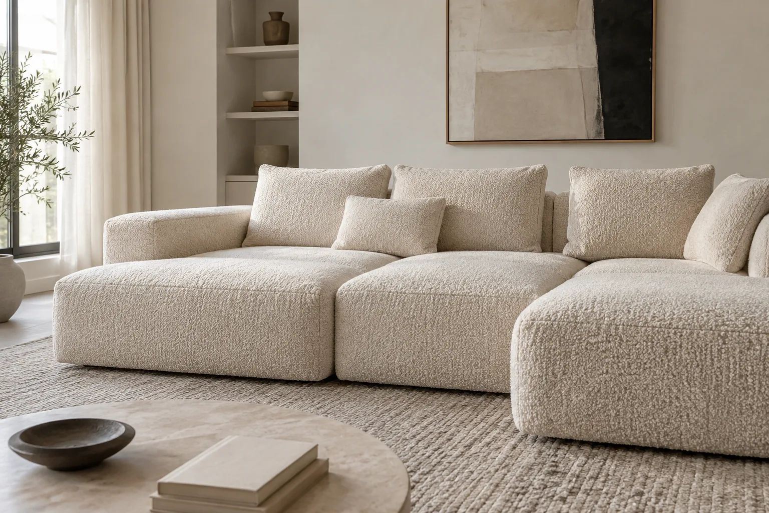 Canapé modulable écru dont le revêtement bouclé présente une surface irrégulière et texturée.