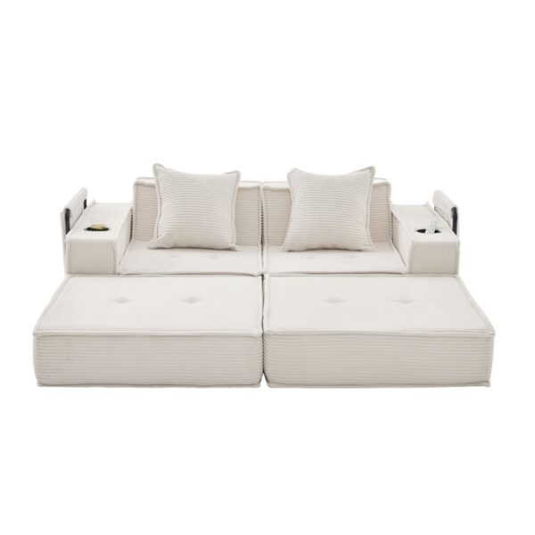 Canapé modulable OKWISH beige en velours côtelé avec deux coussins