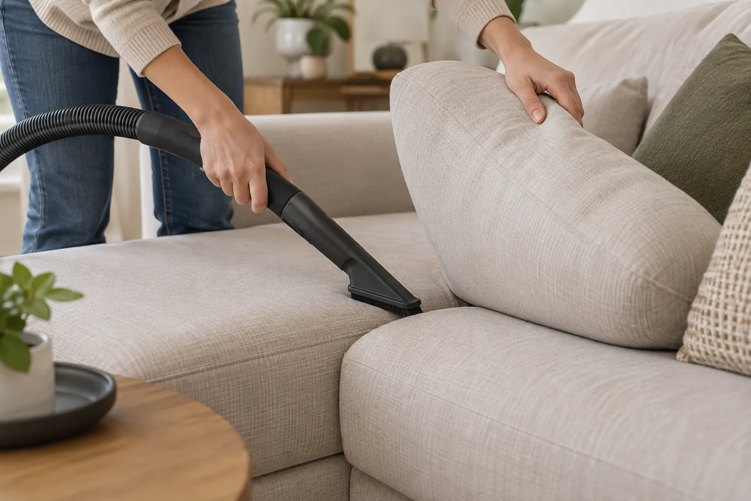 Un embout d’aspirateur atteint la jonction d’assise d’un canapé modulable.