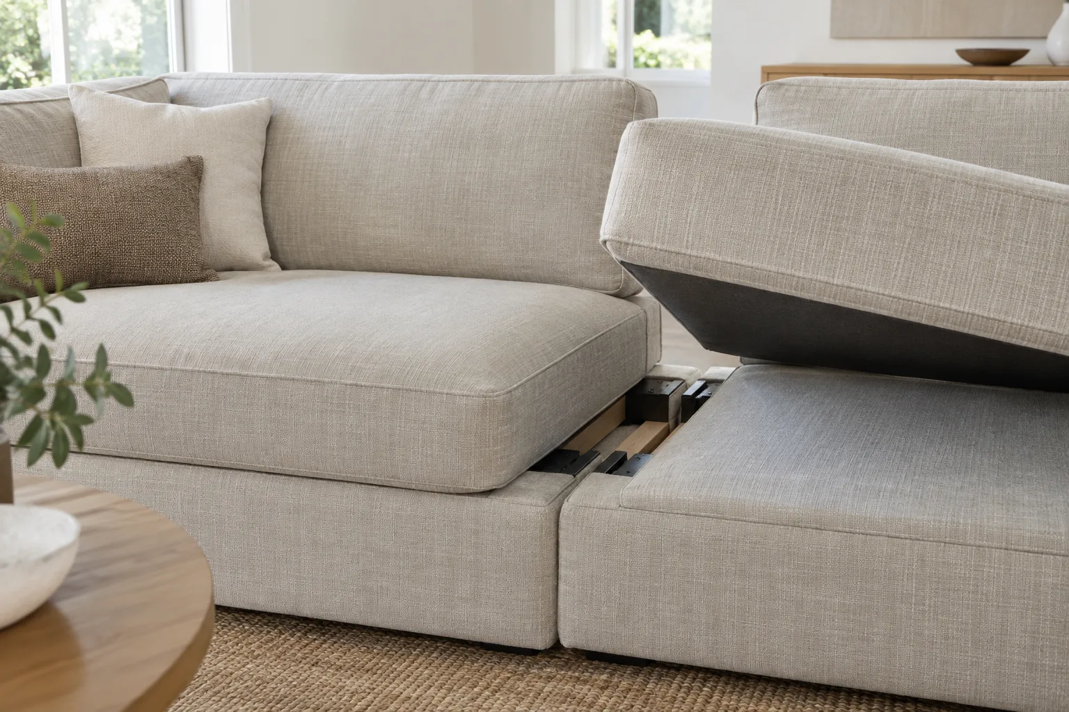 Un coussin d’assise soulevé révèle la jonction entre deux modules d’un canapé en tissu.