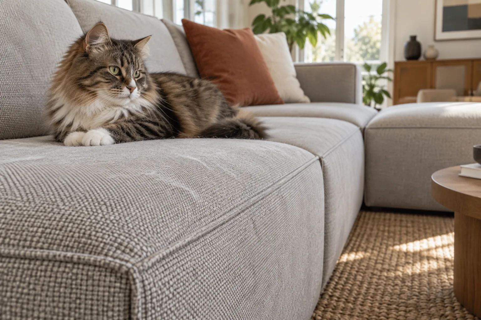 Un chat est assis sur un canapé modulable en tissu tissé, dont la texture et les coutures sont visibles.