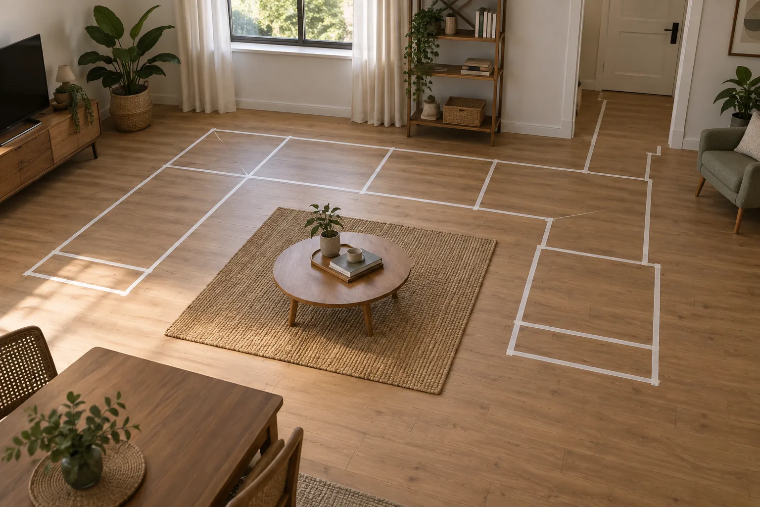 Contours de modules de canapé dessinés au ruban de masquage au sol d’un salon, avec un passage conservé vers une porte.