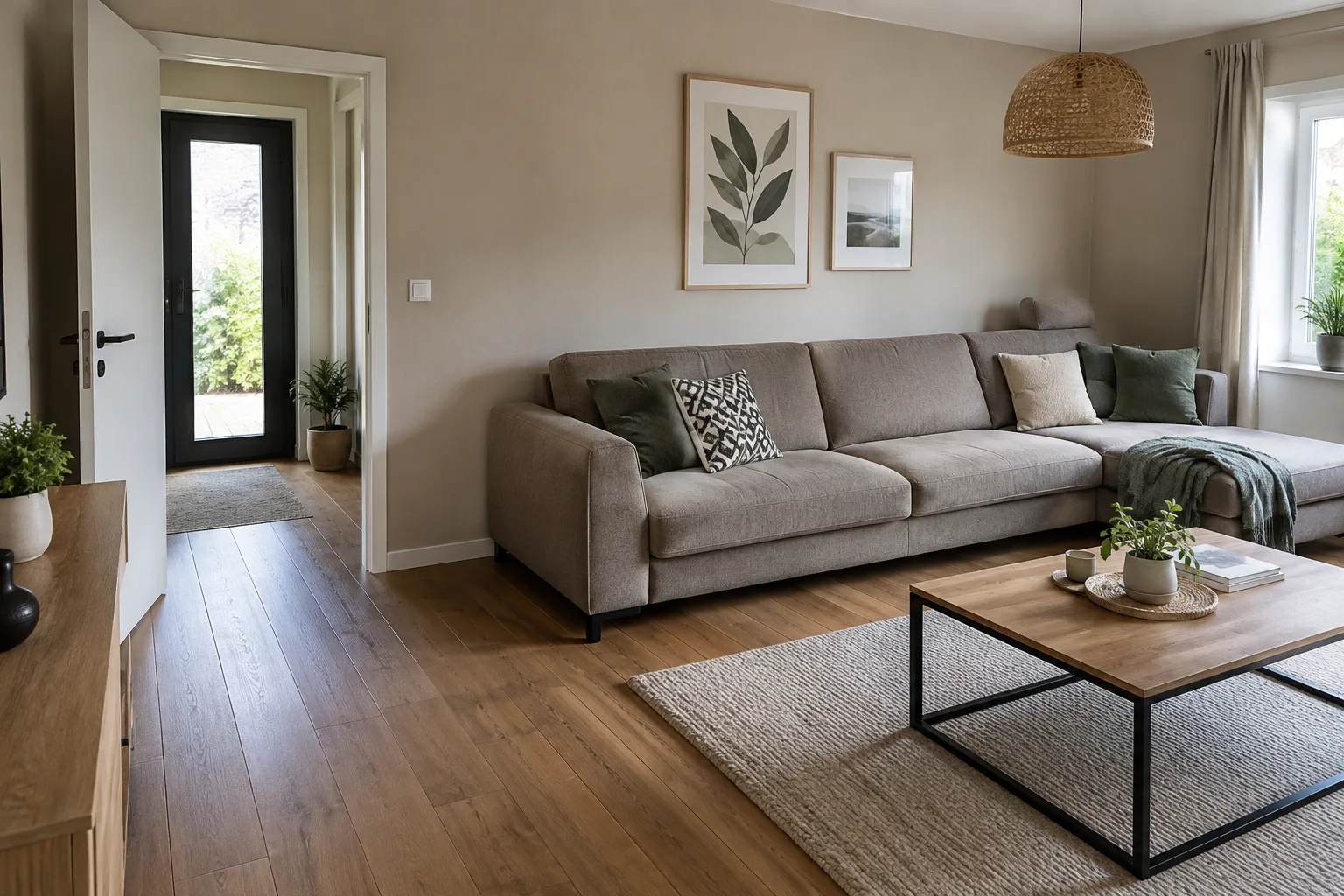 Canapé modulable en ligne installé dans un salon avec un passage dégagé vers une assise accessible par le côté.
