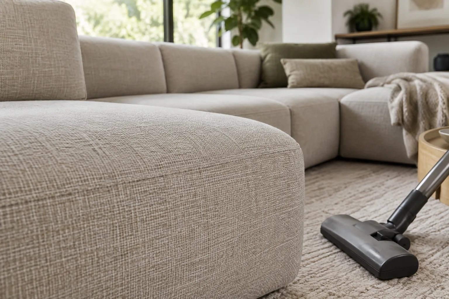 Gros plan sur l’assise en tissu tissé d’un canapé modulable, avec les coutures visibles et un embout d’aspirateur posé à côté.
