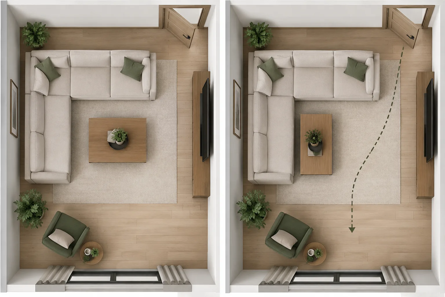 Deux plans comparatifs montrent une table basse centrée puis décalée devant le même canapé modulable en angle.
