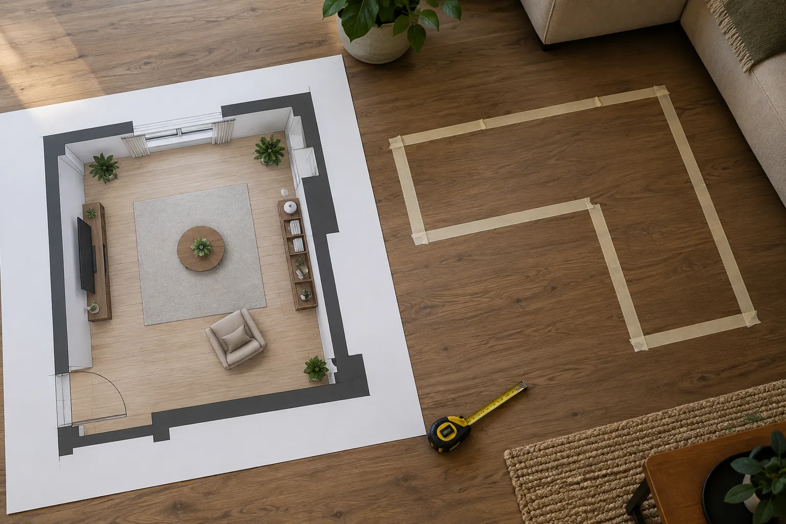 Plan de salon montrant l’emplacement d’un écran, les ouvertures et le contour au sol d’un canapé modulable.