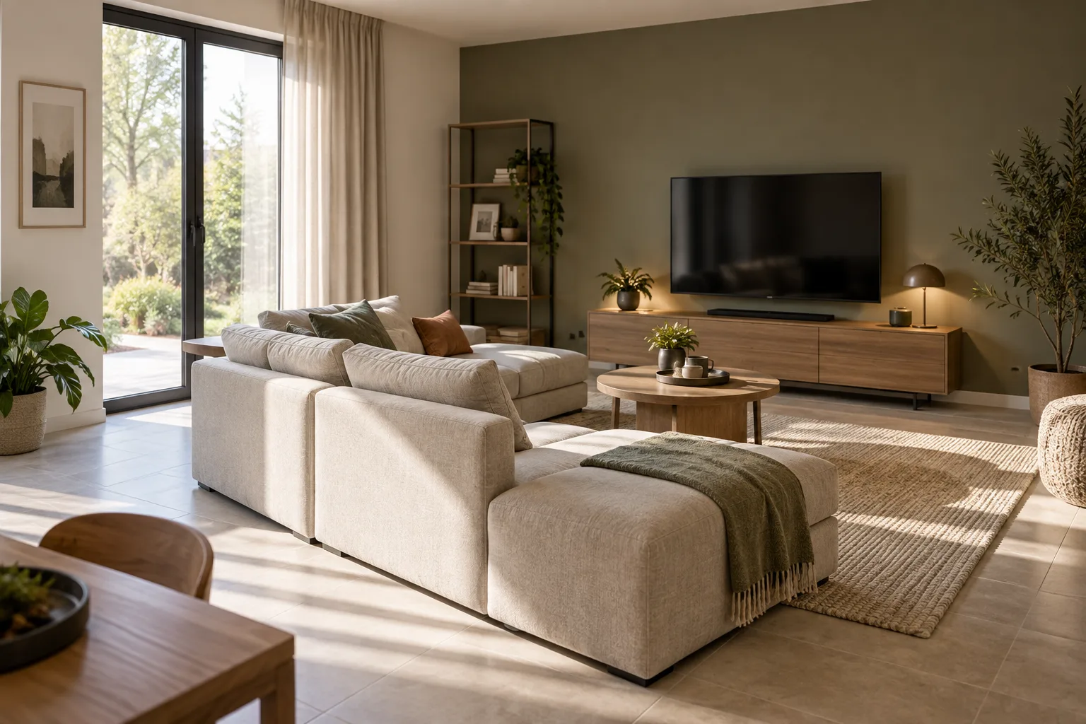 Canapé modulable décalé face à une télévision, avec une fenêtre latérale accessible.