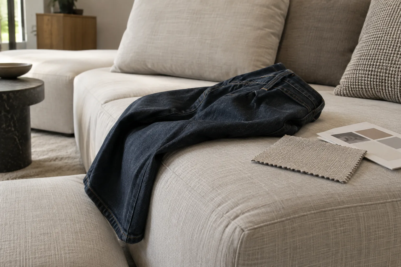 Un pantalon en denim foncé posé sur un coussin clair de canapé modulable, avec un échantillon de tissu à proximité.