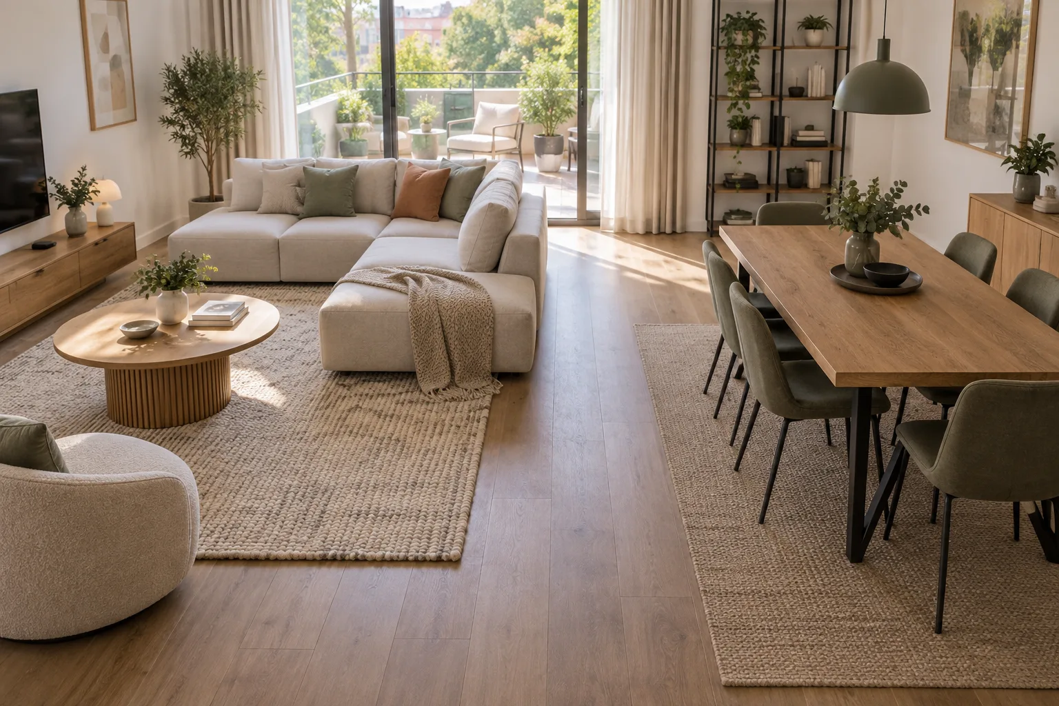 Canapé modulable droit installé face à une table de repas, avec des chaises et un passage dégagé entre les deux zones.