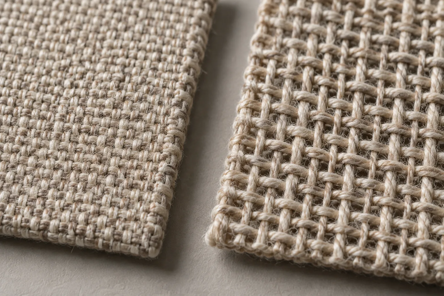 Deux échantillons de tissu d’ameublement montrent un tissage compact et un tissage plus ouvert.