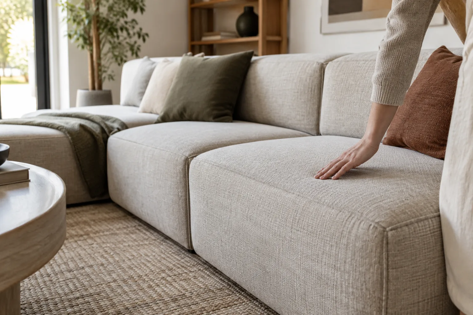 Main posée sur l’assise en tissu tissé d’un canapé modulable clair.