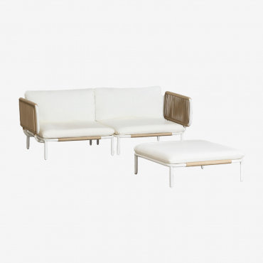 Canapé modulable Roubly beige amande avec deux modules d’angle et pouf