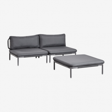 Canapé modulable Roubly avec pouf, structure en acier et coussins gris graphite