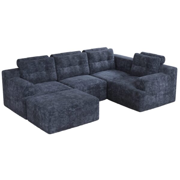 Canapé modulaire OKWISH bleu en chenille avec modules séparables et pouf assorti