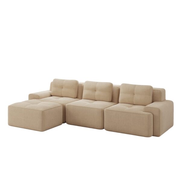 Canapé modulaire REDOM en velours côtelé beige avec ottomane et assise profonde