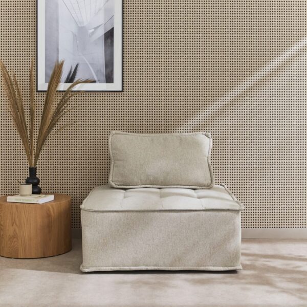 Chauffeuse Dao sweeek en tissu capitonné beige, assise modulable avec coussin de dossier