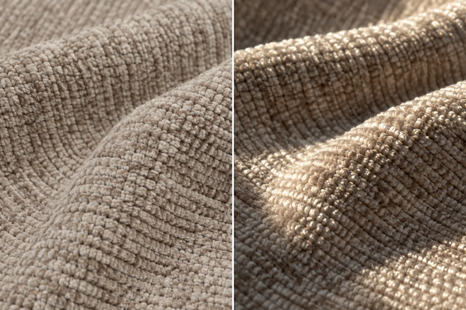 Deux échantillons de chenille montrent des nuances différentes selon l’orientation du relief et de la lumière.