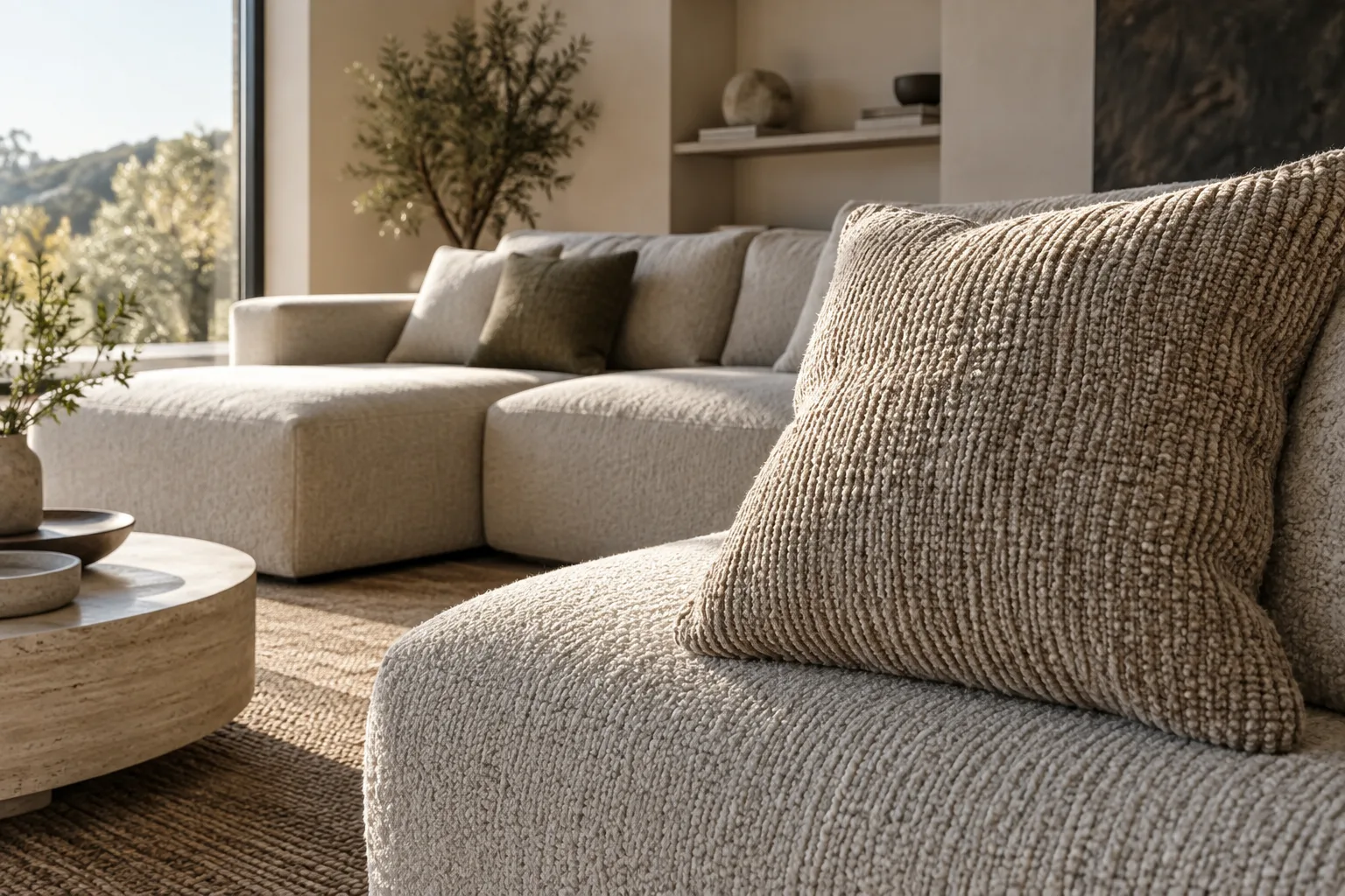 Coussin en tissu chenille posé sur un canapé modulable, avec le relief du fil visible à la lumière.