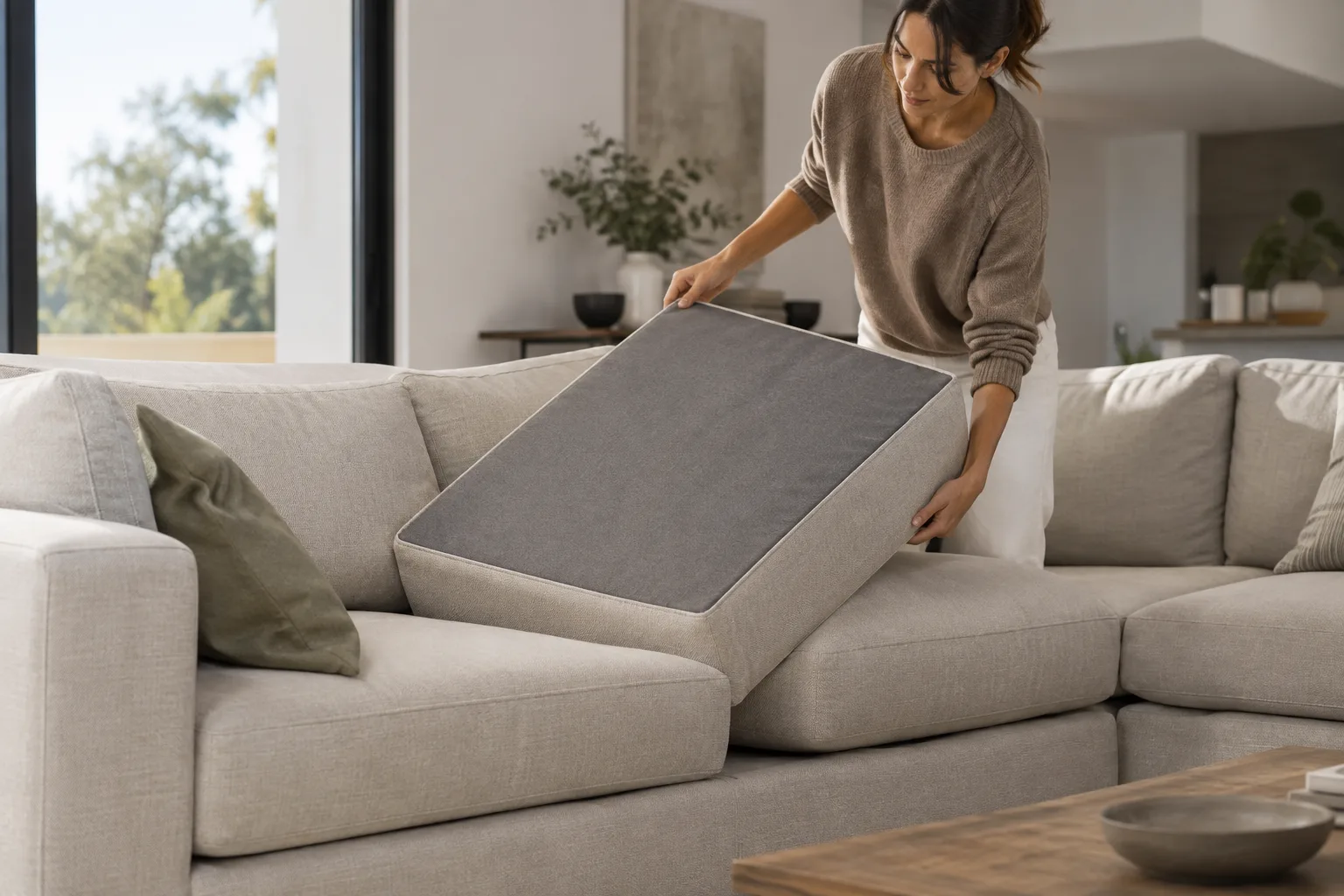 Une personne retourne un coussin d’assise sur un canapé modulable gris, montrant son envers et ses coutures.