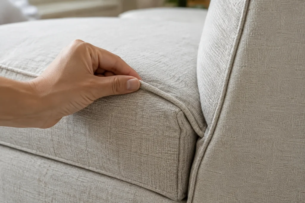 Gros plan sur la couture et le passepoil d’un coussin de canapé modulable en tissu clair.