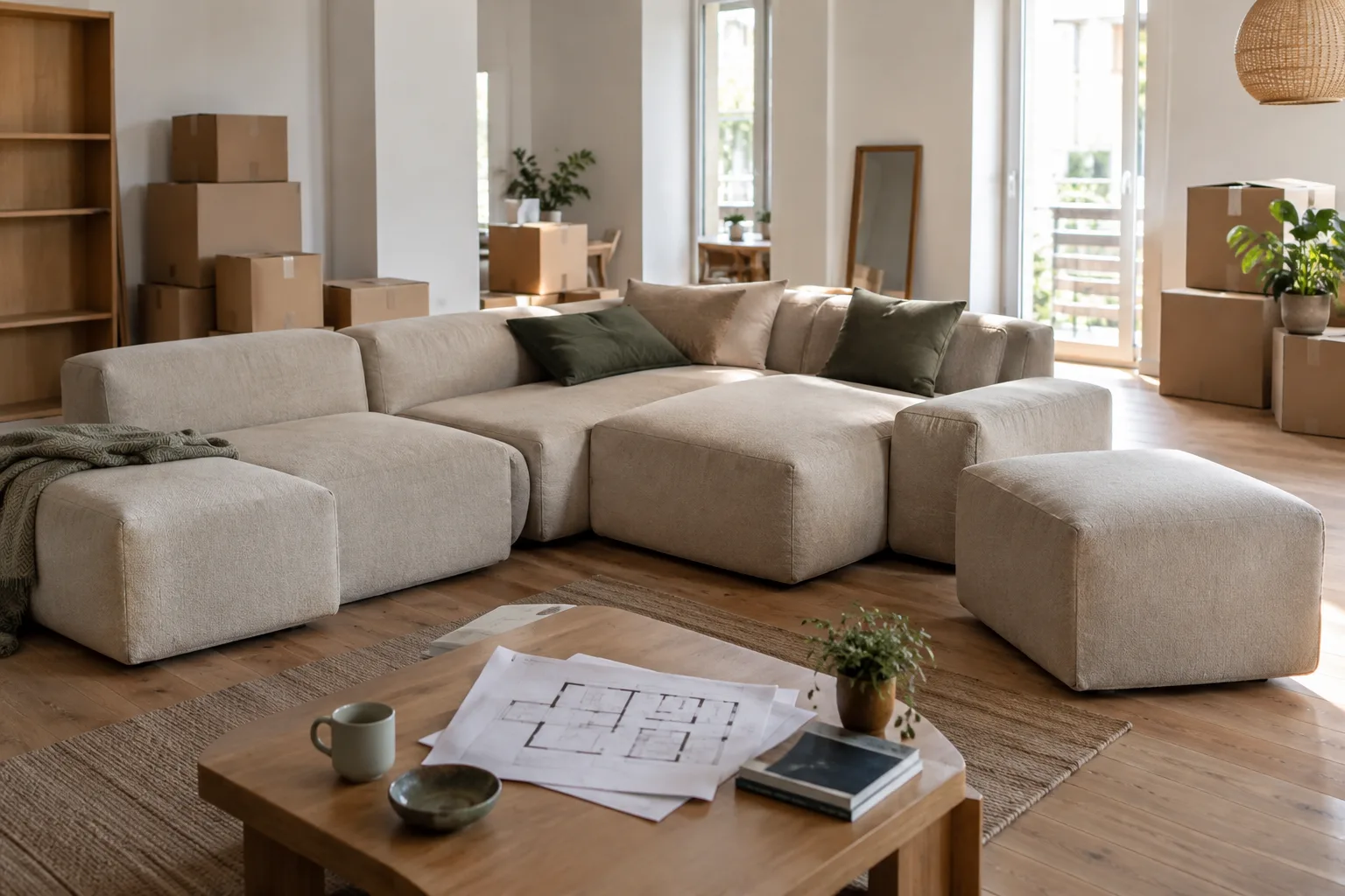 Canapé modulable séparé en plusieurs éléments dans un salon avec des cartons de déménagement en arrière-plan.