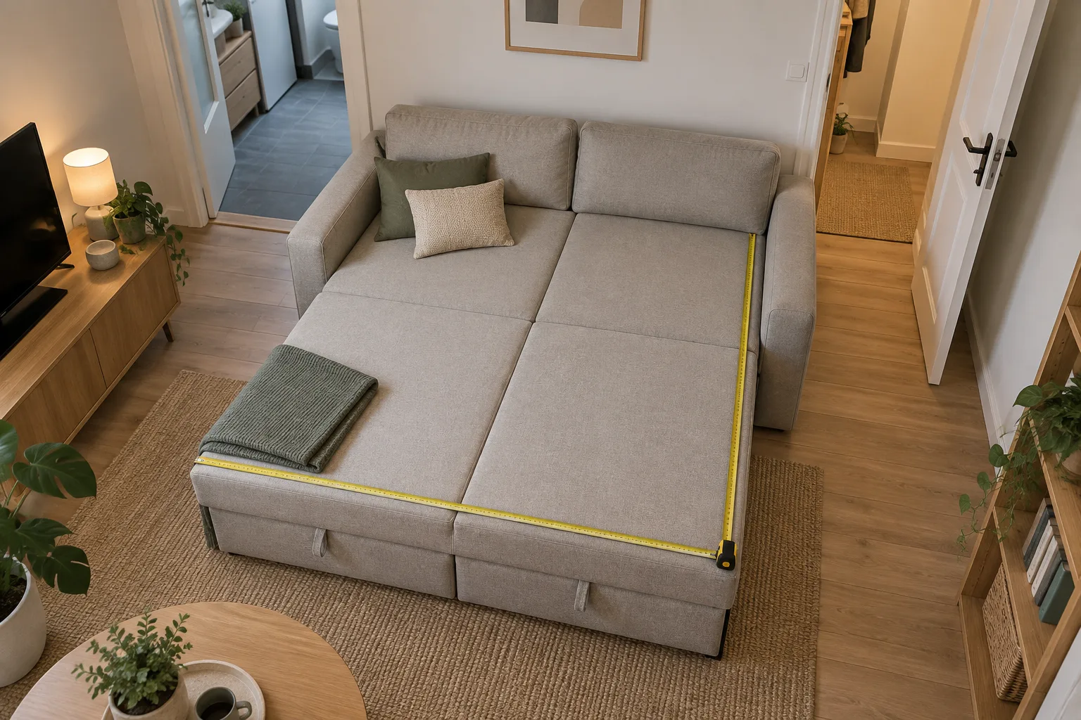 Canapé modulable déployé avec un mètre ruban posé le long de la surface de couchage et un passage libre visible à côté.