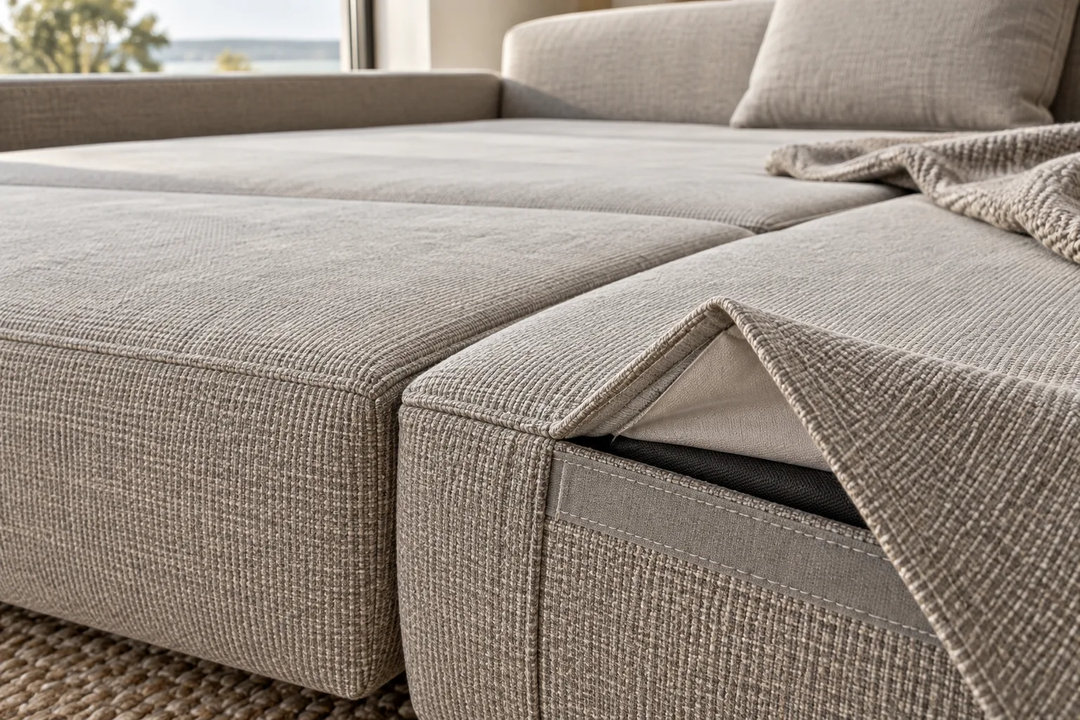Détail du tissu d’un canapé modulable ouvert, avec le tissage, une couture et le bord d’une housse visibles.
