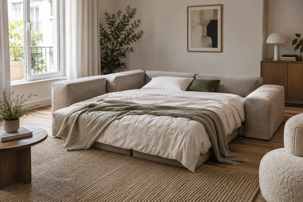 Canapé modulable ouvert en couchage d’appoint au milieu d’un salon, avec ses modules rapprochés et du linge posé sur la surface.