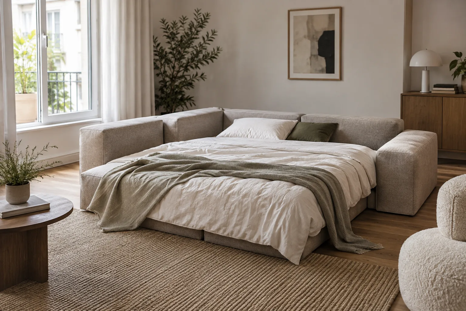 Canapé modulable ouvert en couchage d’appoint au milieu d’un salon, avec ses modules rapprochés et du linge posé sur la surface.