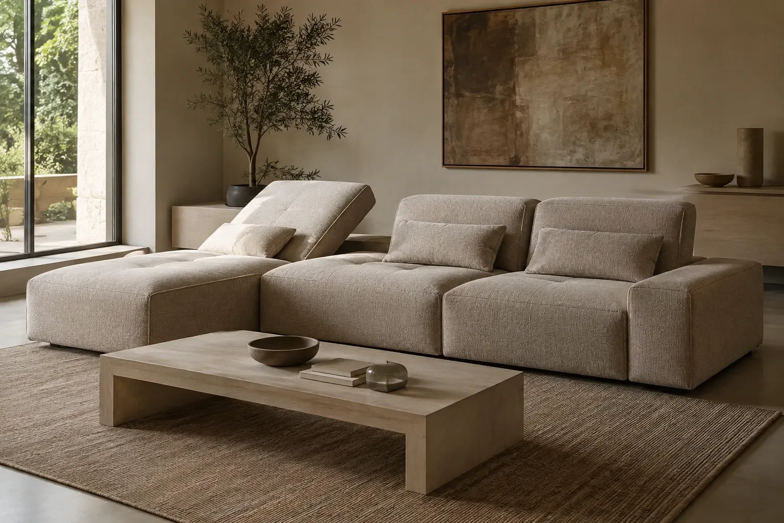 Canapé modulable dont une assise présente un dossier incliné tandis que les autres restent en position droite.