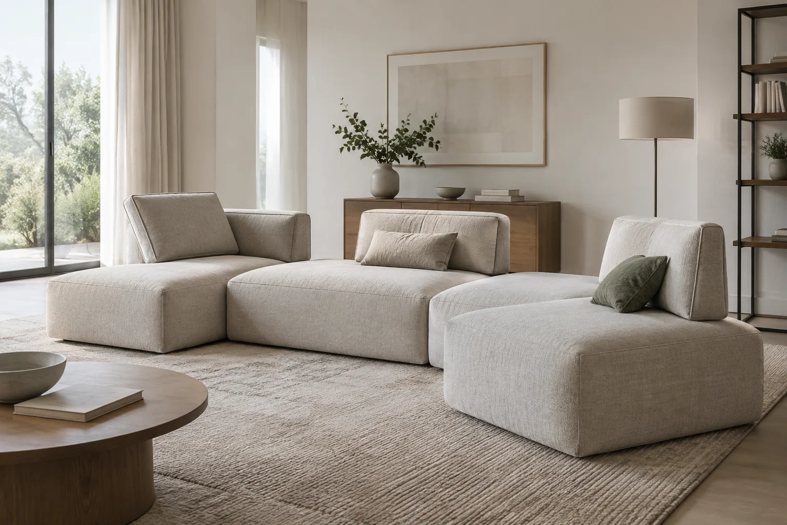 Canapé modulable composé de plusieurs assises, avec des dossiers séparés placés à différents endroits.